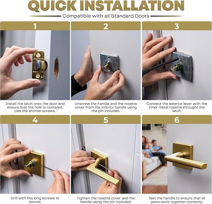 Mega Handles Prime Passage Lever Door Handle for Closet or French Doors, Single Side Door Levers, Fits All Standard Door Sizes, Covered Screws Included - Satin Brass (1 Pack) 5"