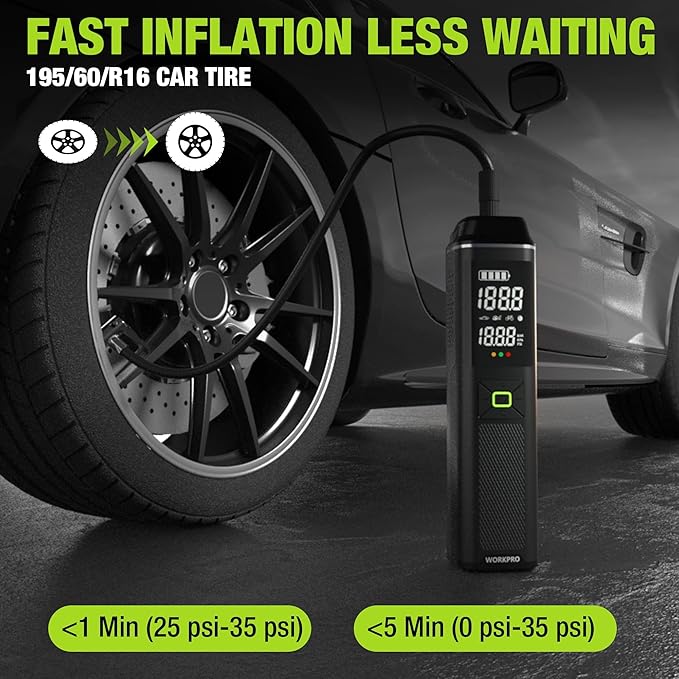 WORKPRO Portable Tire Inflator, 7.2V/12V Small/Mid/Large Air Compressor, Digital Display, Auto Shut-Off, 5 Modes, LED Light, High Airflow, for Car, Motorcycle, Bike, Balls