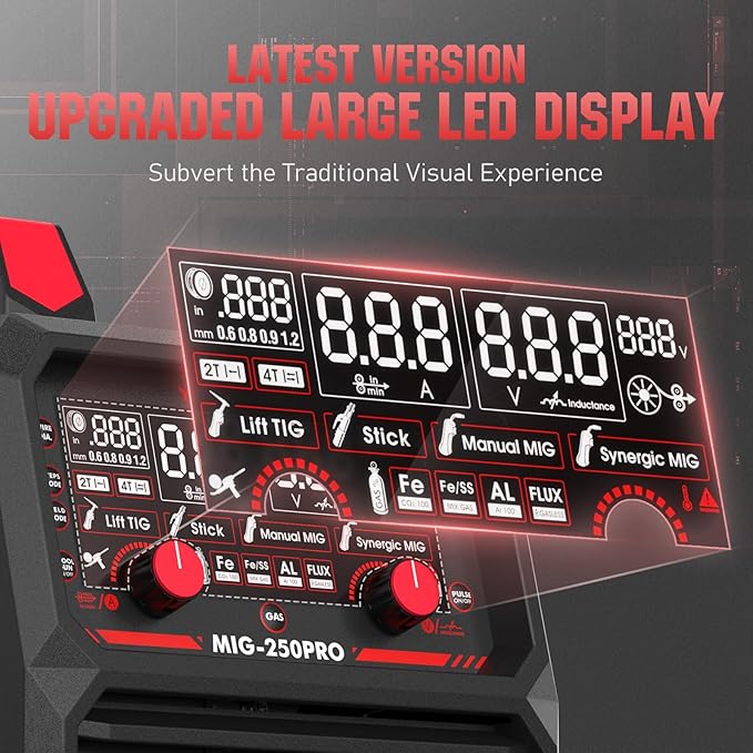 YESWELDER MIG-250 PRO Aluminum MIG Welder, 250Amp 220V Advanced Digital Display, MIG/Pulsed MIG/Flux Core/Aluminum MIG/Lift TIG/Stick 6-In-1 Multiprocess Welding Machine, Spool Gun Compatible