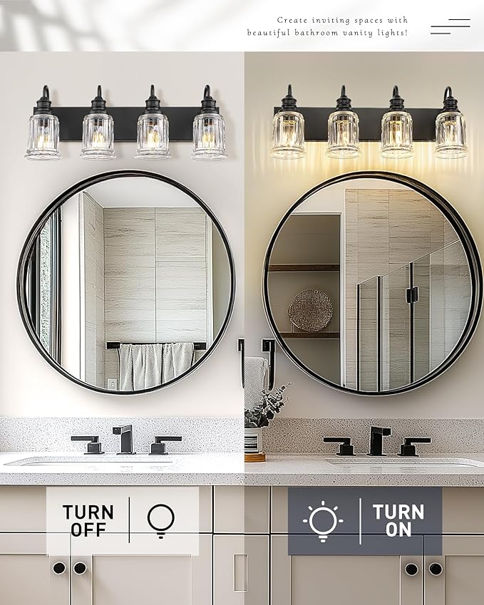 HWH 4-Light Bathroom Vanity Light, Wall Light Sconces for Bathroom, Dressing Table, Black Bathroom Mirror Wall Light with Bell-Shaped Clear Glass, Matte Black Finish, 5HZG106B-4W BK