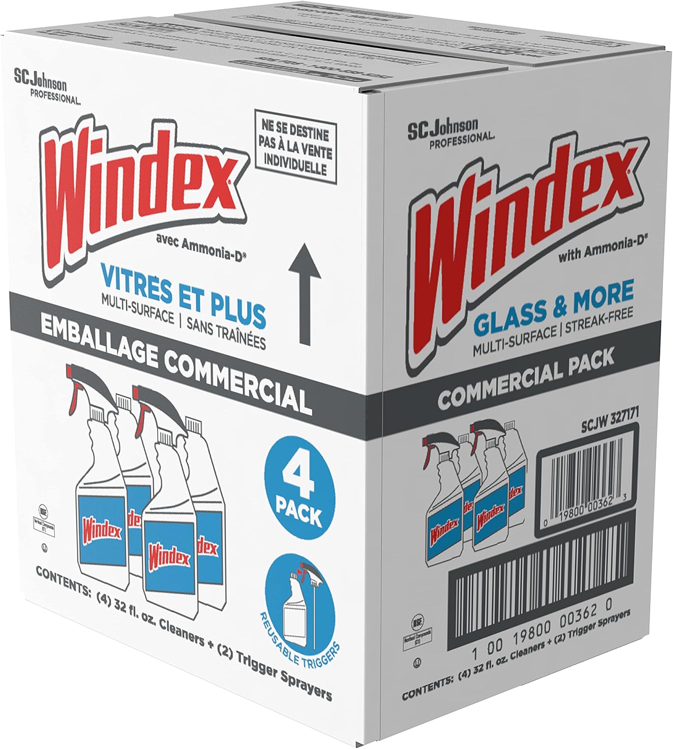 SC Johnson Professional Windex Original Glass Cleaner, Fresh Scent, 32 oz Spray Bottle, 4/Carton (327171)