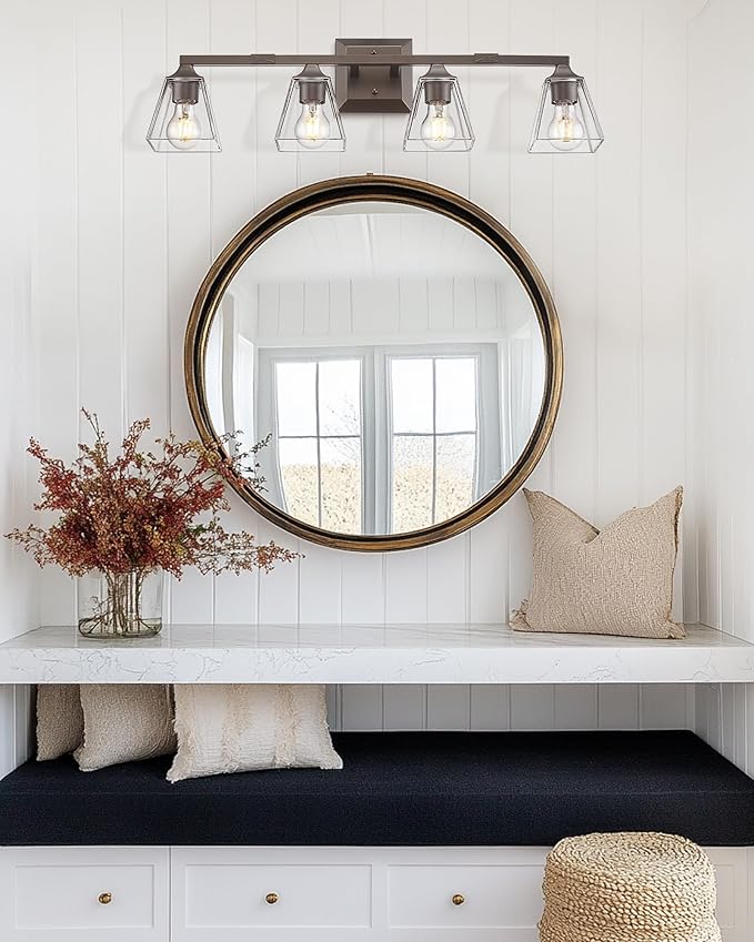 Bronze Bathroom Light Fixtures, HWH 4-Light Farmhouse Vanity Wall Sconce Bathroom Sconce Over Mirror, Oil-Rubbed Bronze Finish with Square Glass Shade, 5HY68B-4W ORB