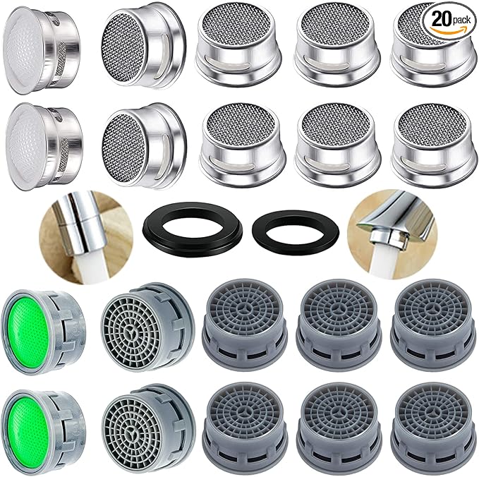 20 Sets of Faucet Aerators with Gaskets 2.2 GPM Plug-in Restrictor Replacement Parts for Bathroom or Kitchen Plug-in Aerators (stainless Steel and Green)