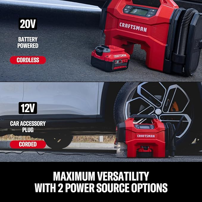 CRAFTSMAN 3-in-1 Tire Inflator Kit with Battery & Charger, 160 PSI Portable Air Compressor, Car Vacuum & Dust Blower with LED Light (Includes 4.0Ah Battery & 12V Charger)