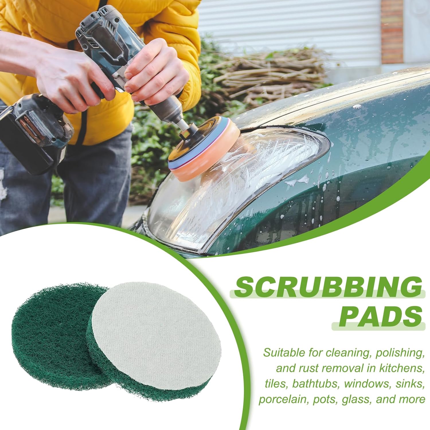 Power Scrub Pads, Scrubbing Pads 180 Grits Scouring Discs - Fitting for (Home Kitchen Cleaning - Drill Attachment - Scrubber Replacement) 16 Pcs & 4 Inch & Green
