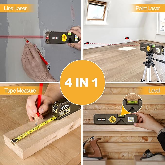 PREXISO 4-in-1 Line Laser Level Multipurpose Torpedo Level, 65Ft Alignment Point & 16Ft Laser Line & 10Ft Measure Tape Ruler & Quick Angle Setting for Hanging Picture Wall Marking Home Renovation