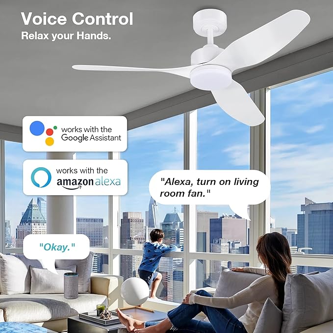 48 Inch Smart Ceiling Fans with Lights Remote Control,Dimmable LED Light,Outdoor Indoor Modern Ceiling Fan,Quiet DC Motor,WIFI Alexa App Workable,Matte White for Bedroom Living Room Patio
