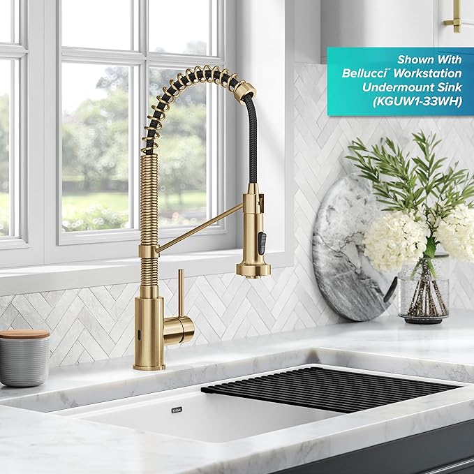 KRAUS Bolden Touchless Sensor Commercial Style 2-Function Single Handle Pull Down Kitchen Faucet in Spot-Free Brushed Brass, KSF-1610BB