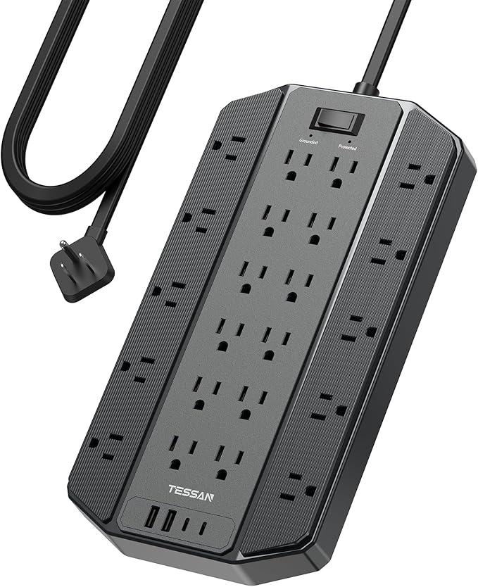4000J Surge Protector Power Strip, TESSAN 22 Outlets Heavy Duty Extension Cord with 4 USB Ports (2 USB C), 1875W, 15A, Flat Plug, Charging Station for Home, Office, Gaming Room, PC, Dorm, Black