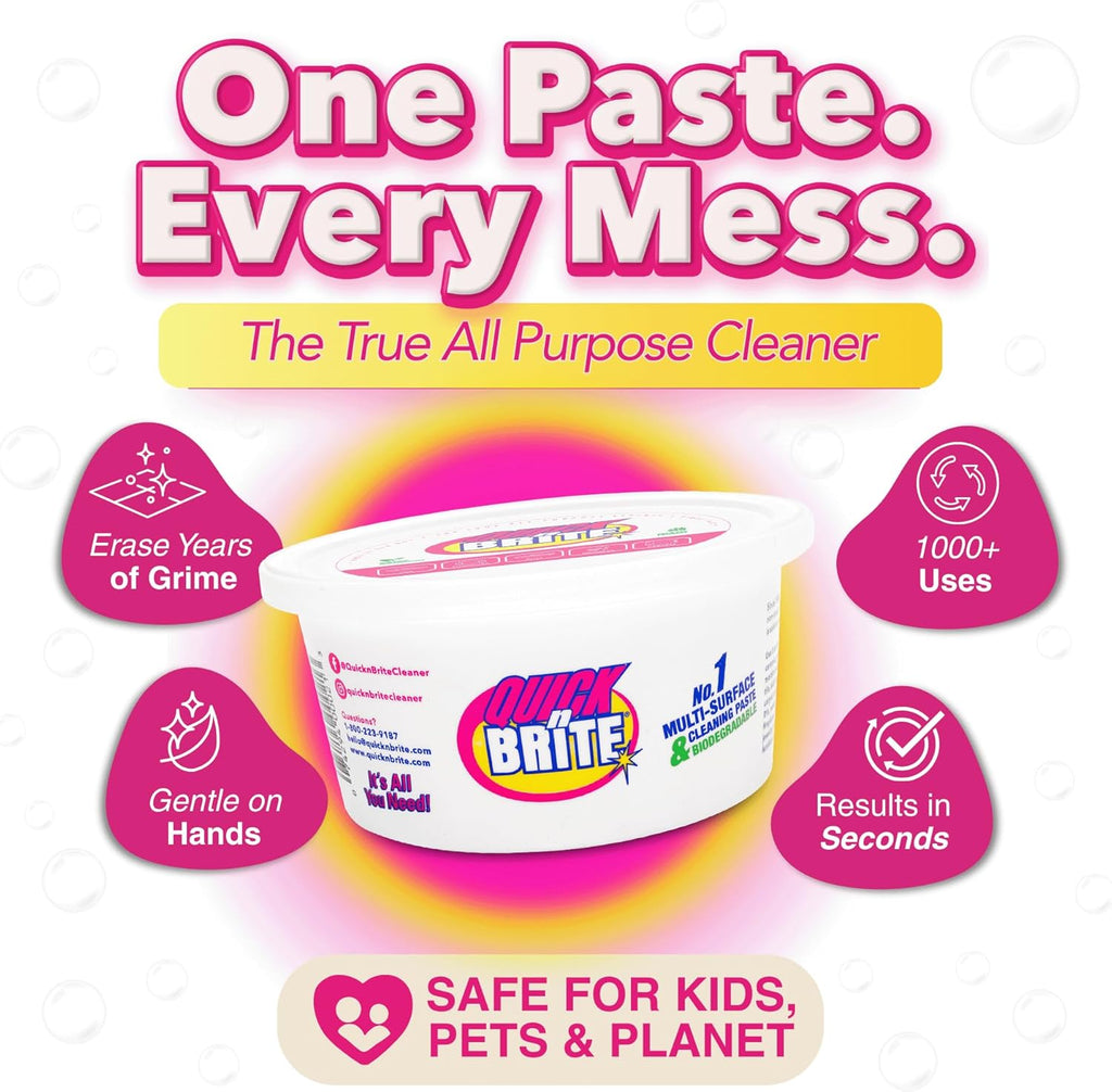 Quick 'n Brite All Purpose Cleaning Paste – Miracle Cleaner for Tough Stains, Biodegradable, Non-Toxic, Pet-Safe, Multi-Surface Stain Remover, Made in USA, 12 Oz