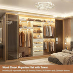 Aheaplus Closet System with 4 Drawers, 8FT Wood Closet Organizer System, 96’’ Closet Built In System Tower with Shelves, Walk-in Closet Wardrobe Clothes Garment Rack, Fits Spaces 4-9 ft, White Oak