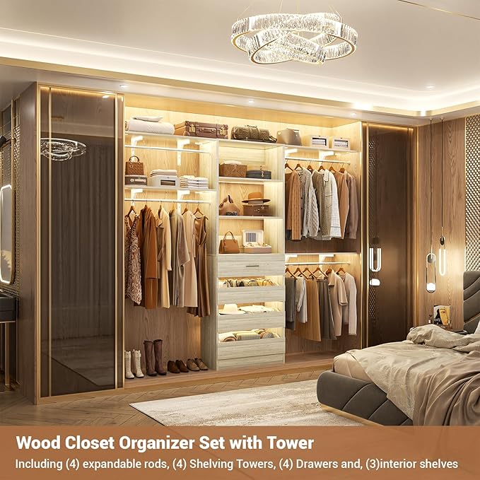 Aheaplus Closet System with Drawers, Wood Closet Organizer System with 4 Hanging Rods & Top Shelves, Walk-in Closets Organizer Wardrobe Clothes Rack, Cut Fits Spaces 4-9FT. Wide, White Oak