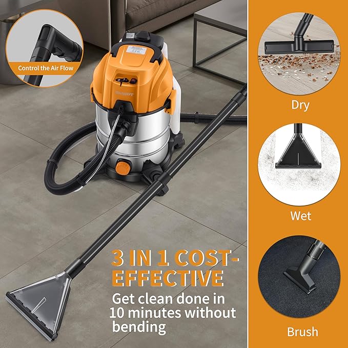 [EFN Clearance] Shop Vacuum Wet and Dry, 6 Gallon 5.5 Peak HP, 3 in 1 Wet/Dry/Upholstery Shop Vac Carpet Extractor for Car Detailing, Stainless Steel Wet Dry Vacuum Cleaner for Carpet (Yellow)
