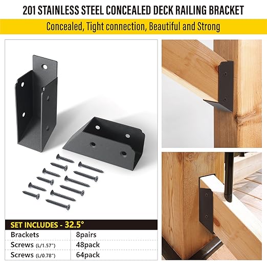 201 Stainless Steel 2" x 4" (1 ½" x 3 ½" Actual) Deck Railing 32.5°Stair Connectors, for Deck Railing Stair Handrail Connection Installation Deck Railing Bracket (8 Pair-Black)
