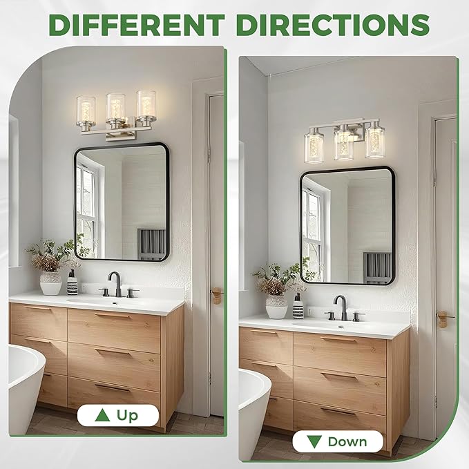 DORESshop 3-Light Brushed Nickel Bathroom Light Fixtures, Crystal LED Bathroom Lights Dimmable Light with Clear Glass Shade,Vanity Lights for Living Room 5CCT