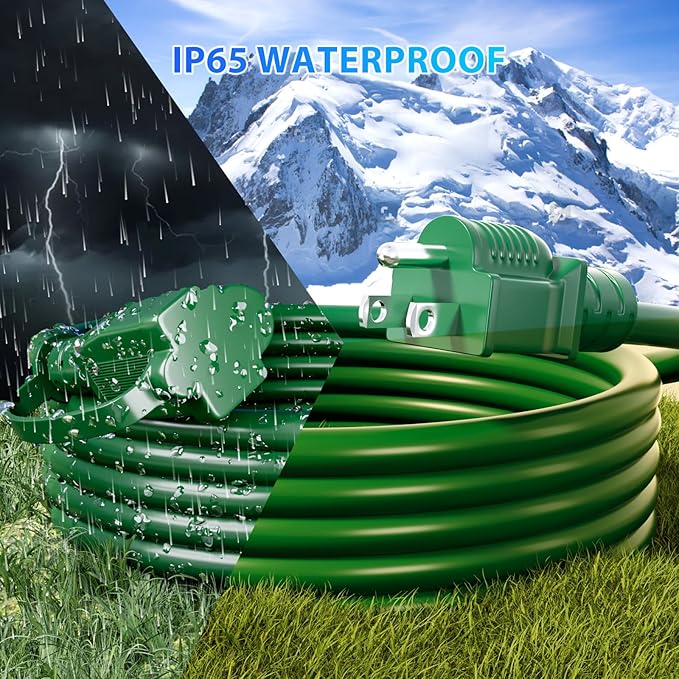 K KASONIC - 31FT Halloween Lights Outdoor Extension Cord with Mutil Outlets, ETL Listed Heavy Duty Electrical Cord with Protective Covers, Weatherproof Extension Cord for Outside, 16AWG/1625W, Green