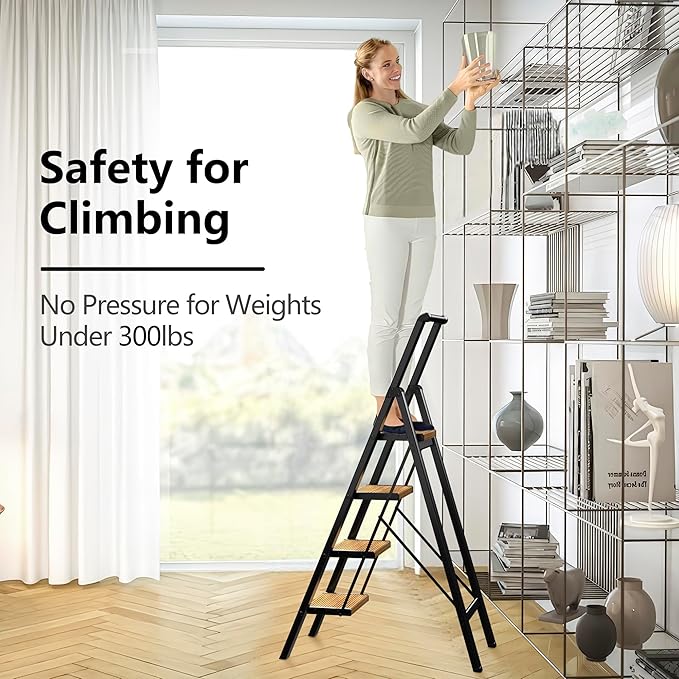 Step Ladder 4 Step Folding Stool with Anti-Slip Widened Sturdy Pedal and Handgrip, Portable Lightweight Aluminum Ladder for Home,Kitchen,300 lbs Capacity-Black+Woodgrain