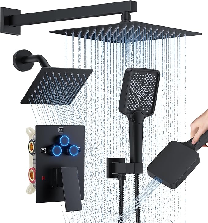 Shower Faucet Set, 10" Wall Mount Rainfall Shower System with 2 Rain Shower Head and Multi-function Handheld Head Push Button Diverter Shower Faucet Trim Kit Matte Black