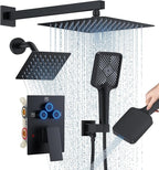 Shower Faucet Set, 10" Wall Mount Rainfall Shower System with 2 Rain Shower Head and Multi-function Handheld Head Push Button Diverter Shower Faucet Trim Kit Matte Black