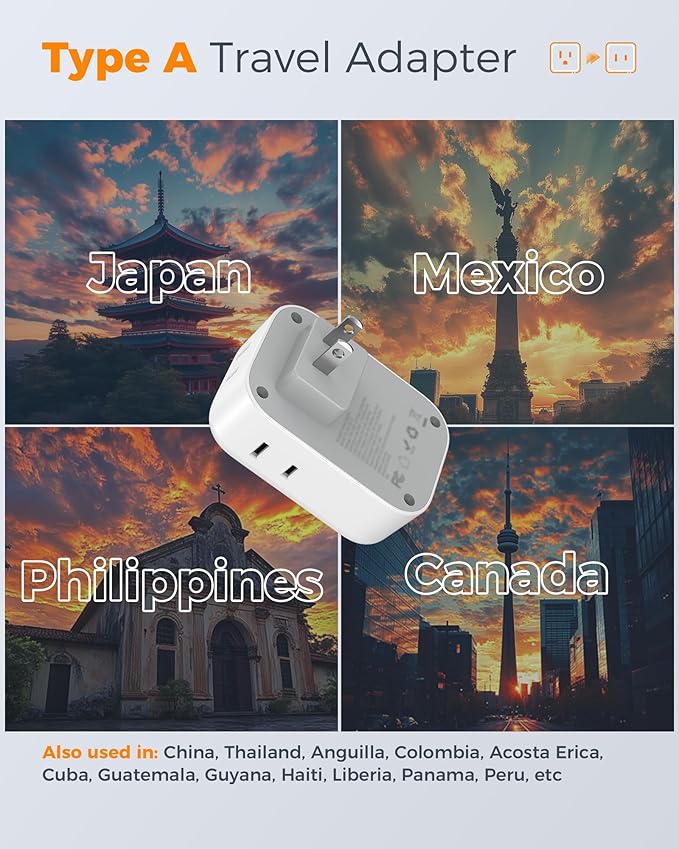 TESSAN US to Japan Plug Adapter 2 Prong to 3 Prong Outlet Adapter with 4 Outlets 3 USB (2 USB-C), Outlet Converter US to Japan China Mexico Philippines Canada Peru Thailand Vietnam