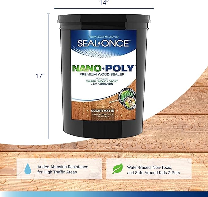 Seal-Once Nano+Poly Penetrating Wood Sealer with Polyurethane - Premium Waterproof Sealant -5 Gallon & Clear