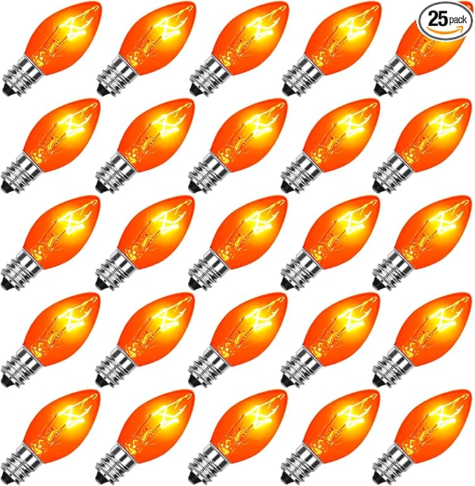 SUNSGNE 25 Pack C7 Orange Light Bulbs Halloween Christmas Replacement Bulbs, C7 Clear Orange Incandescent Light Bulbs for Outdoor Patio Xmas String Lights, E12/C7 Candelabra Base, 5 Watts
