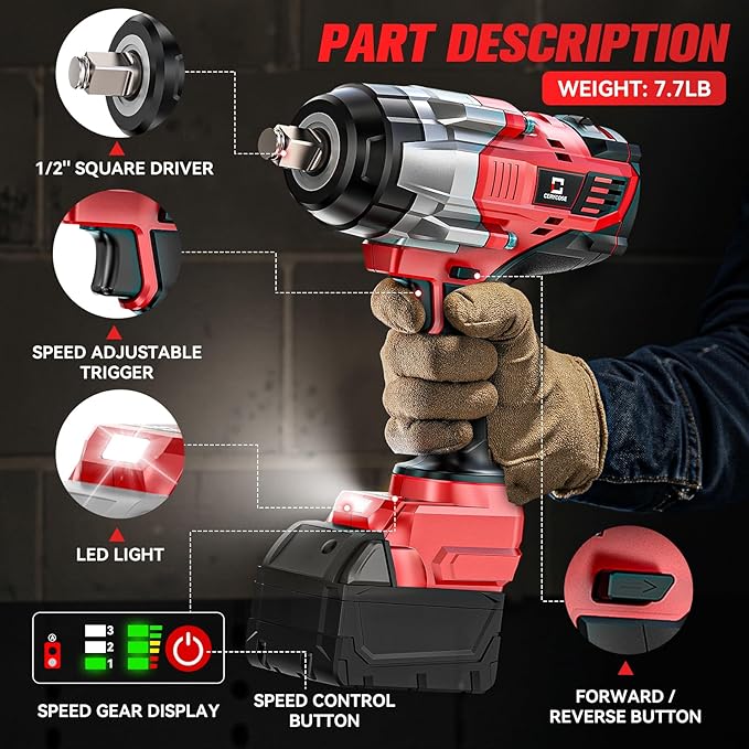 Cordless Impact Wrench 1/2 inch Compatible with Milwaukee 18V Battery: 1700FT-LBS High Torque Impact Wrench Heavy Duty Tool - Brushless Electric Impact Gun Includes LED Work Light - Bare Tool Only