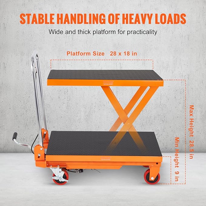 VEVOR Hydraulic Lift Table Cart, 330lbs Capacity 28.5" Lifting Height, Manual Single Scissor Lift Table with 4 Wheels and Non-Slip Pad, Hydraulic Scissor Cart for Material Handling and Transportation