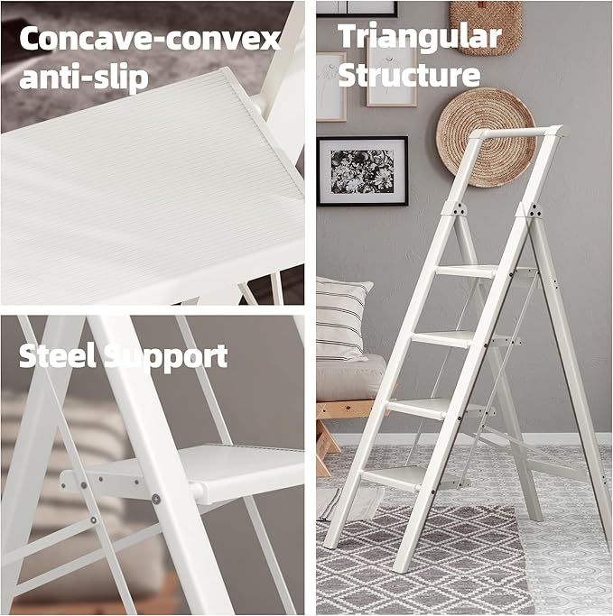 HillhutApex 4 Step Foldable Aluminum Step Ladder with Handgrip, Anti-Slip Pedal, 330 lbs Capacity, Lightweight & Portable for Home, Kitchen, Office, Garage (White)