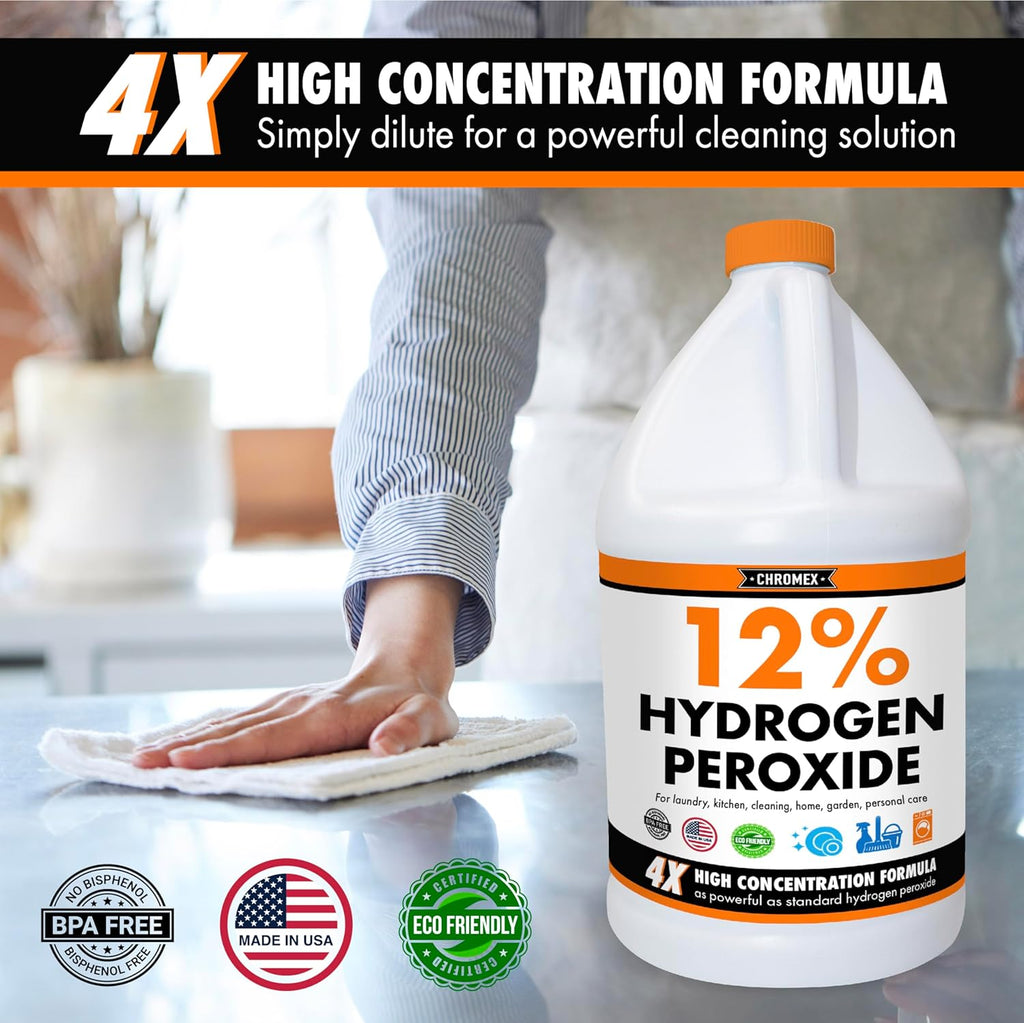 Chromex Hydrogen Peroxide 12 Percent Food Grade, 4x Power Concentrated Solution, 2 Gallons Dilute to 8 Gallons, Versatile Uses include Topical Care, Home, Kitchen, Bath Cleaner, Laundry, Whitening