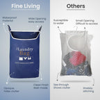 Fine Living Co. Large Hanging Laundry Hamper with Over Door Hooks & Adhesive, Durable Space Saving Laundry Bag with Zipper and Wide Open Top, Hanging Dorm Laundry Hamper (Navy Blue with Print-XL)