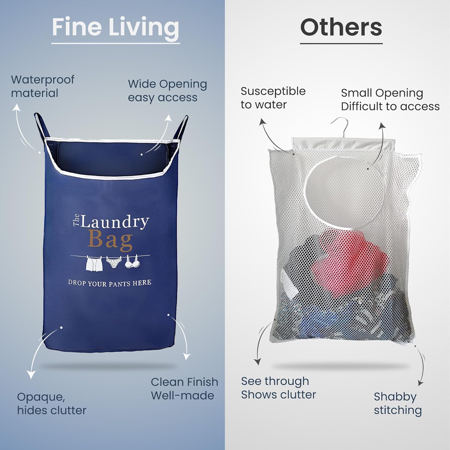 Fine Living Co. Large Hanging Laundry Hamper with Over Door Hooks & Adhesive, Durable Space Saving Laundry Bag with Zipper and Wide Open Top, Hanging Dorm Laundry Hamper (Navy Blue with Print-XL)