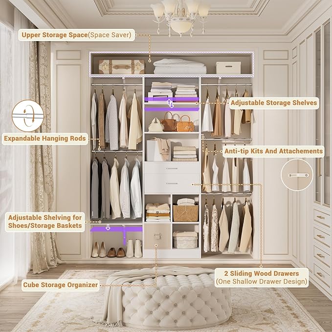 5FT Closet Organizer System with Wooden Drawers, 60 Inches Walk In Closet System With 5 Hanging Rods, Can Fit 1.58 to 6.8 FT with Reversible Hanging Shelving, White