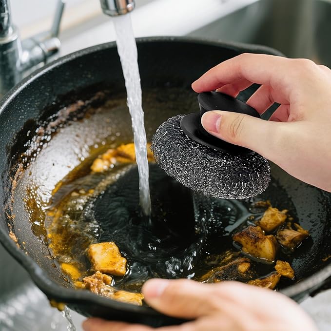 2Pack Stainless Steel Wool Scrubber with Rubber Handle & 2 Pads for Cleaning Dishes, Kitchen Pots, Pans, Grills (Red+Black)