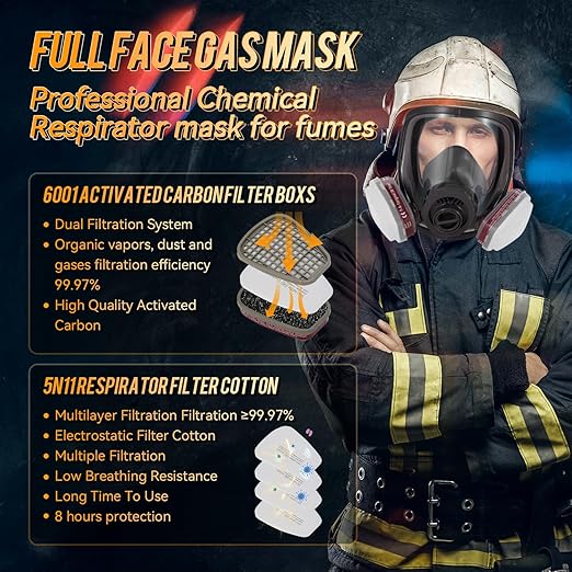 Gas Masks Survival Nuclear and Chemical, Full Face Gas Mask with 40mm Activated Carbon Filter, Reusable Respirator Mask with 6001 Filters for Organic Vapor Spray Painting Dust Welding 6800