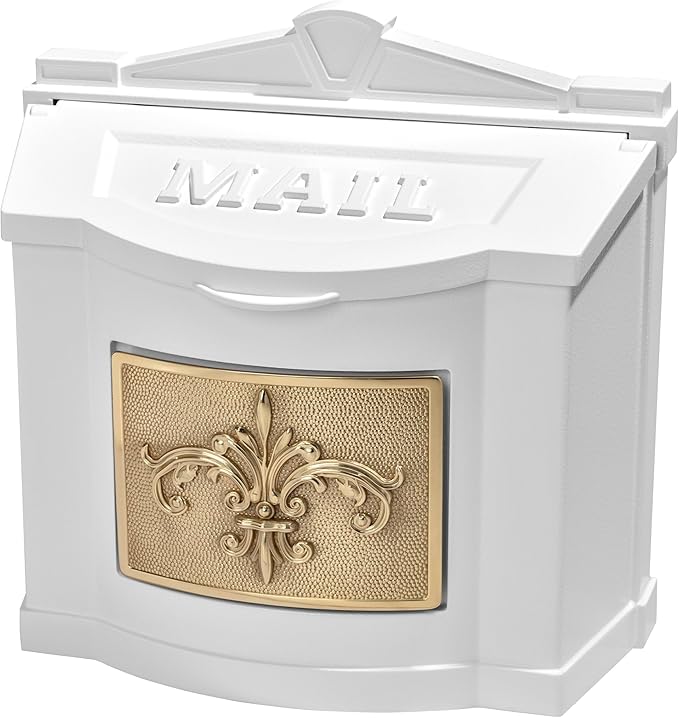 Gaines Wallmount Mailbox - Powder Coated Aluminum with Solid Brass Accents - Mounting Hardware Included (White with Polished Brass Fleur De Lis)