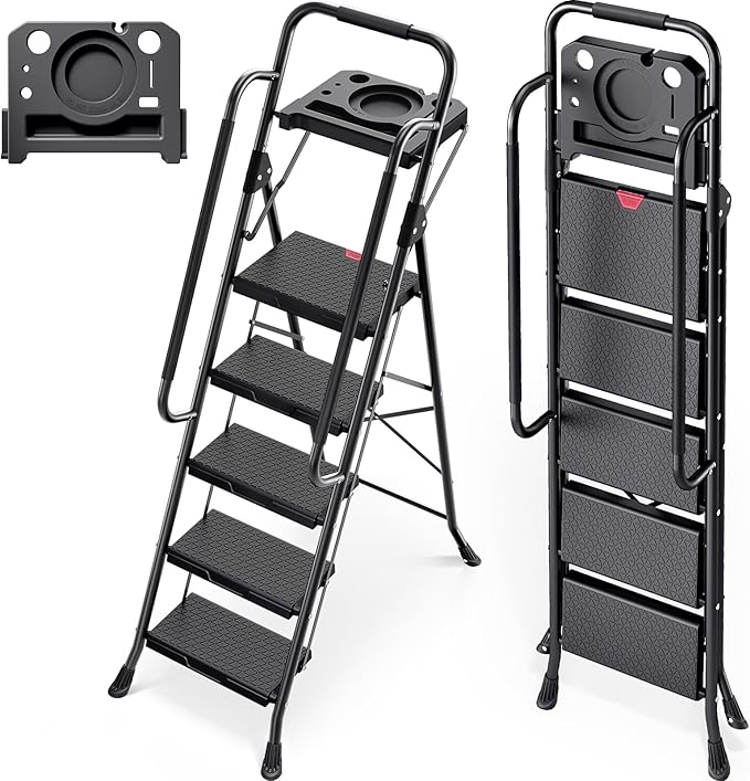 KINGRACK 5 Step Ladder, Folding Step Stool for Adult with Tool Platform, Handrails, Wide Anti-Slip Pedals, Pass 800lbs Load Testing， Portable Safety Step Stool for Home, Kitchen, Black