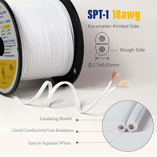Low Voltage Landscape Lighting Cable 18/2 SPT-1W Bulk Lamp Cord 300-Volt 18-Gauge 250-feet Spool White UL Listed
