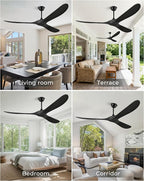 60" Ceiling Fans Without Light, Solid Wood Ceiling Fan with Remote Control and Quiet DC Motor, Ceiling Fan no Light 3 Blades, Outdoor Ceiling Fans for Patios without Lights