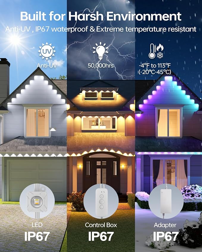 ASAHOM Permanent Outdoor Light Pro S108C, 150FT with 108 RGBCW 70lm LED, WLED Integration, AI Lighting, 30000 Lighting Effect Combination, IP67 Waterproof for Halloween Christmas Daily Decor, White