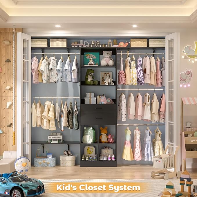 Closet System - 8FT Closet Organizer System with Wooden Drawers, 96" Closet Systems for Nursery & Walk-In Closets with Cuttable Hanging Shelving, Black