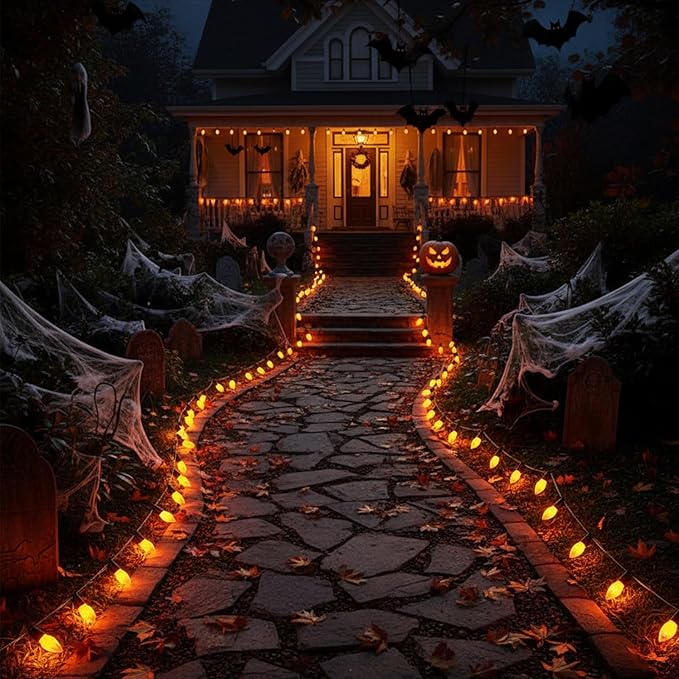 C9 Orange Halloween Incandescent Light Bulbs, 25-Pack E17 Base, Waterproof Outdoor Pathway & Yard Lighting, Halloween Decorations, Spooky Glow for Parties & Events