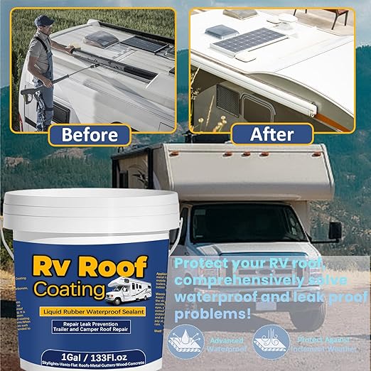 1Gal/133Fl.oz Liquid Rubber Rv Roof Coating White Waterproof Sealant Camper Roof Repair Solar Reflective Sealant with Wooden Brush Putty Knife Work Gloves Paint Roller Drywall Repair Tape