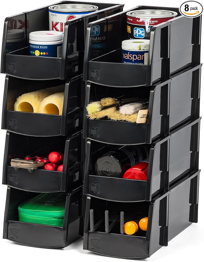 IRIS USA Plastic Shelf Bins Stackable Open Front Storage Bins Plastic Hanging Organizer Bin Caddy Basket for Hardware Crafts, Small Parts, Nuts and Bolts, Tool Storage - Large Black 8 Pack