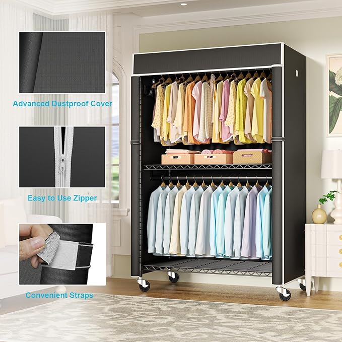 FUTASSI Black Clothing Rack with Black Cover, P1C Plus Rolling Closet with Wheels, Metal Garment Rack for Hanging Clothes, Clothing Storage Wardrobe, 46" W x 18.5" D x 80.7" H, Load 524 Pounds