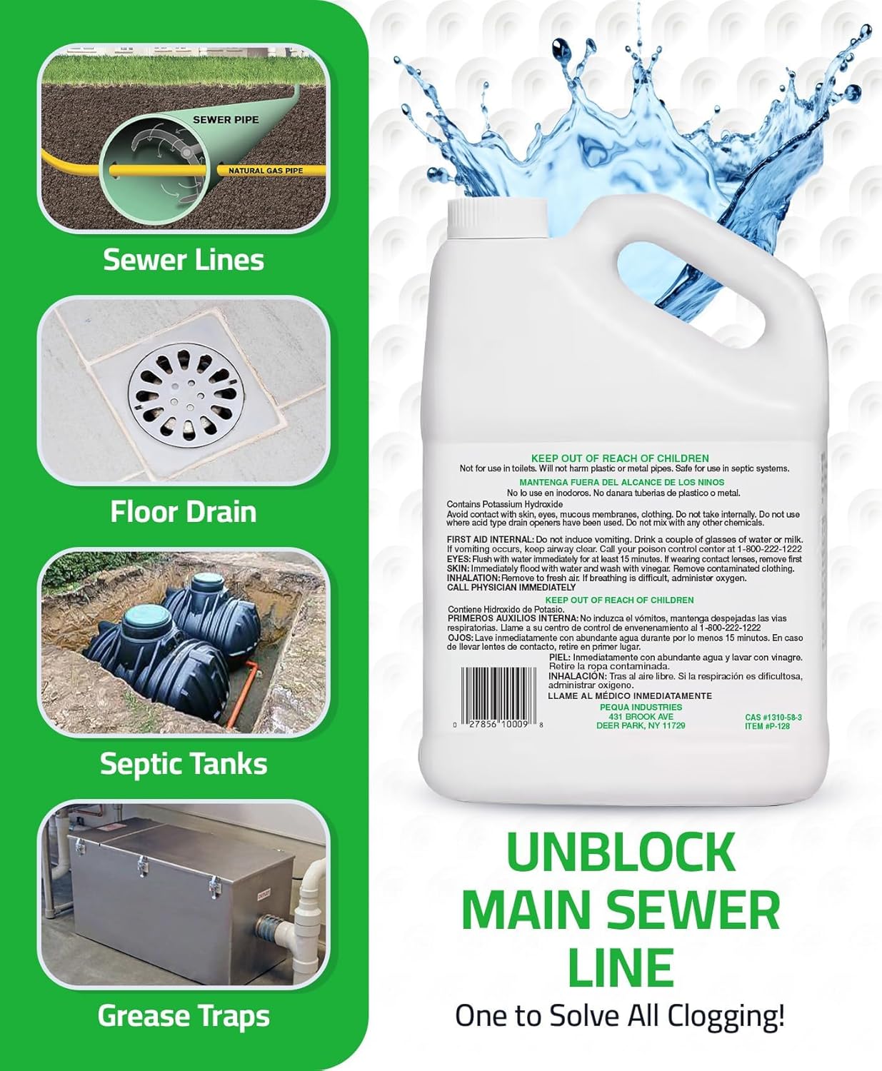 PEQUA INDUSTRIES Main Line Cleaner - Heavy-Duty Main Drain Opener for Drain Pipes, Sewer Lines and Septic Tanks, Dissolves Hairs and Organic Matter, Safe for All Septic Systems (1 Gallon (Pack of 1))