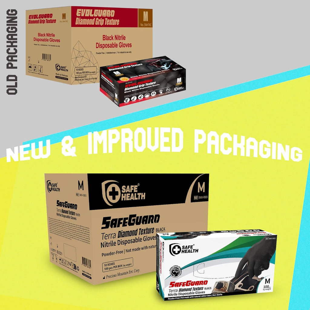 Safe Health Nitrile Industrial Disposable Gloves, Black 6 Mil, Orange 8 Mil, Diamond Textured