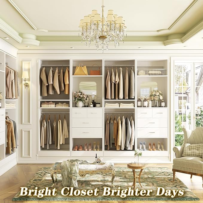 Unikito 100” Closet System with Drawers, 8.3FT Wood Closet Organizer with Hanging Rods and Mirror Design, Reversible Large Walk in Wardrobe Garment Rack with Shelves, Sturdy Closet Tower, White