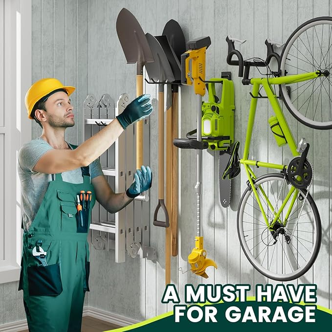 Wall Mount Garden Tool Holder Organizer Rack, Garage Tool Organizer Storage Hook for Yard Shed, Metal Garage Garden Tool Hanger for Lawn Organizer Holds Shovel,Rakes,Brooms,Hoses 8 Pack