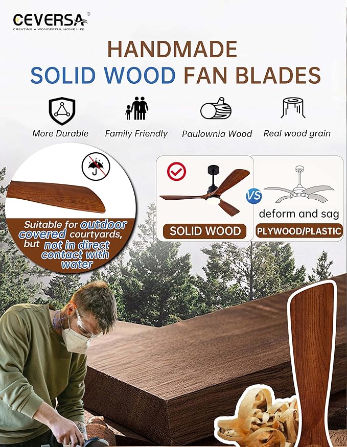 52 Inch Ceiling fans with Lights and Remote,Wood Outdoor Ceiling Fan for Patios with Dimmable LED Light,3 Blades Walnut,Noiseless Reversible DC Motor,Modern Fan for Indoor,Farmhouse